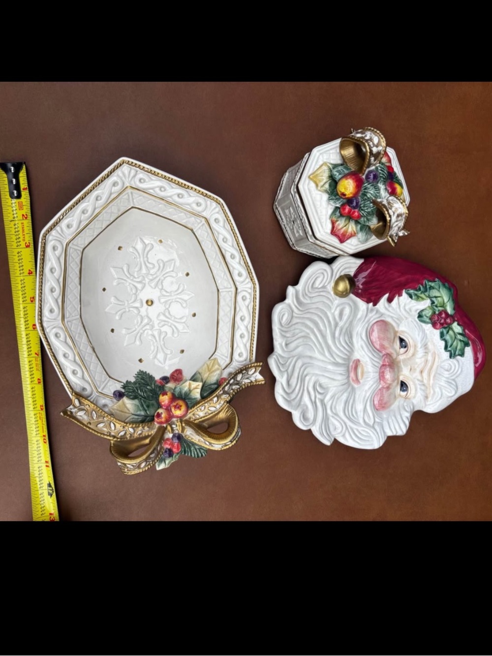 Vintage Fitz and Floyd Ceramic Santa Candy Dish and Trinket Set 1996